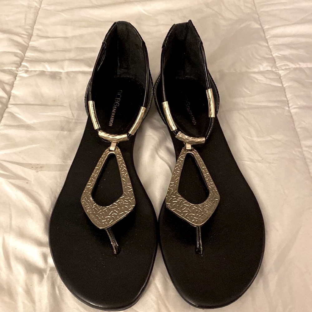 BCBGeneration Black leather and silver ankle Sandals, Sz 7.5